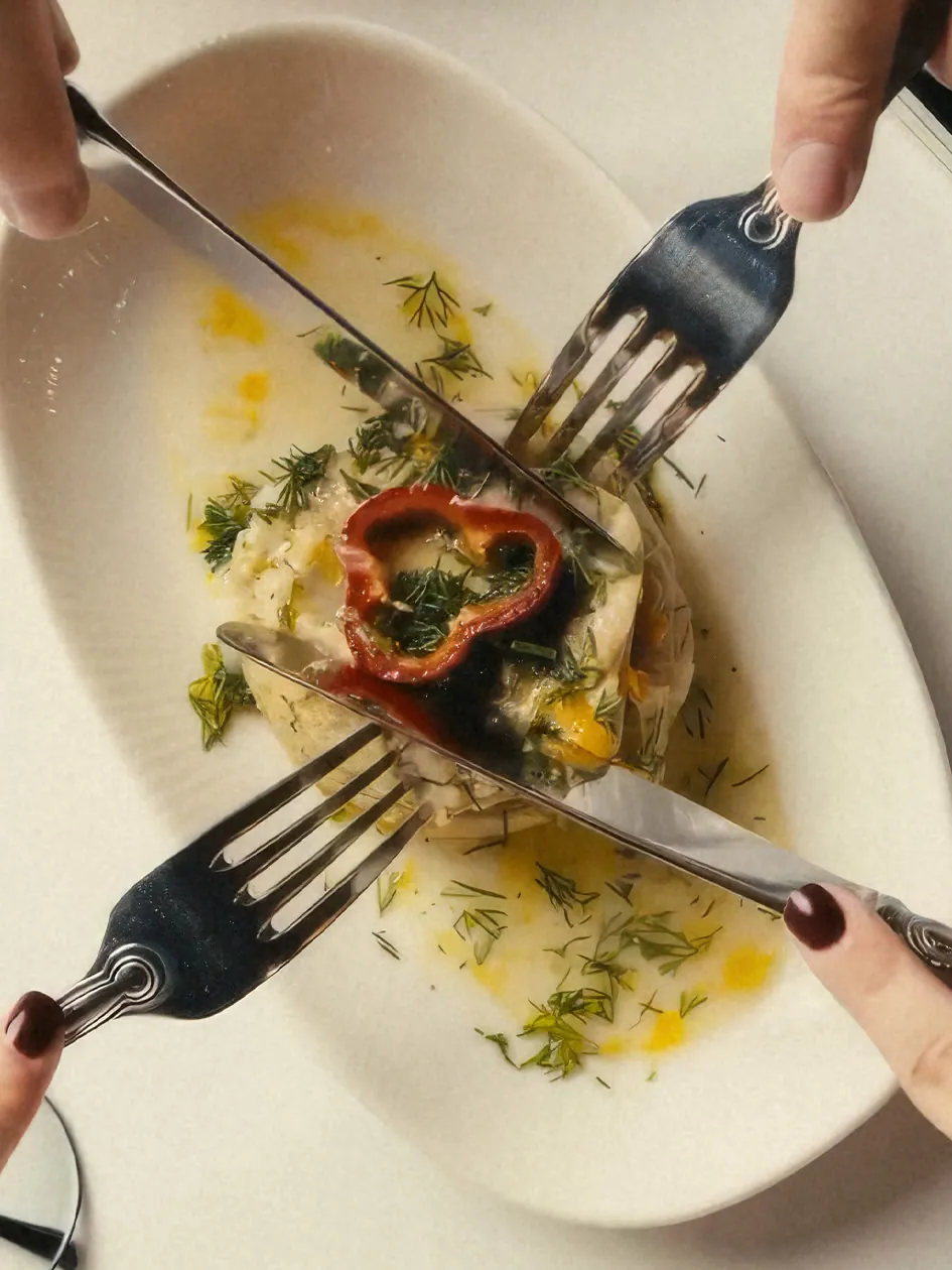 Forks over a plate dressed with olive oil