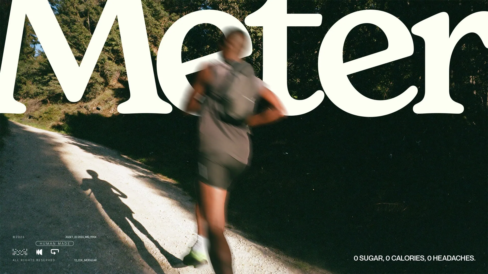 Meter wordmark over a runner on a forest trail