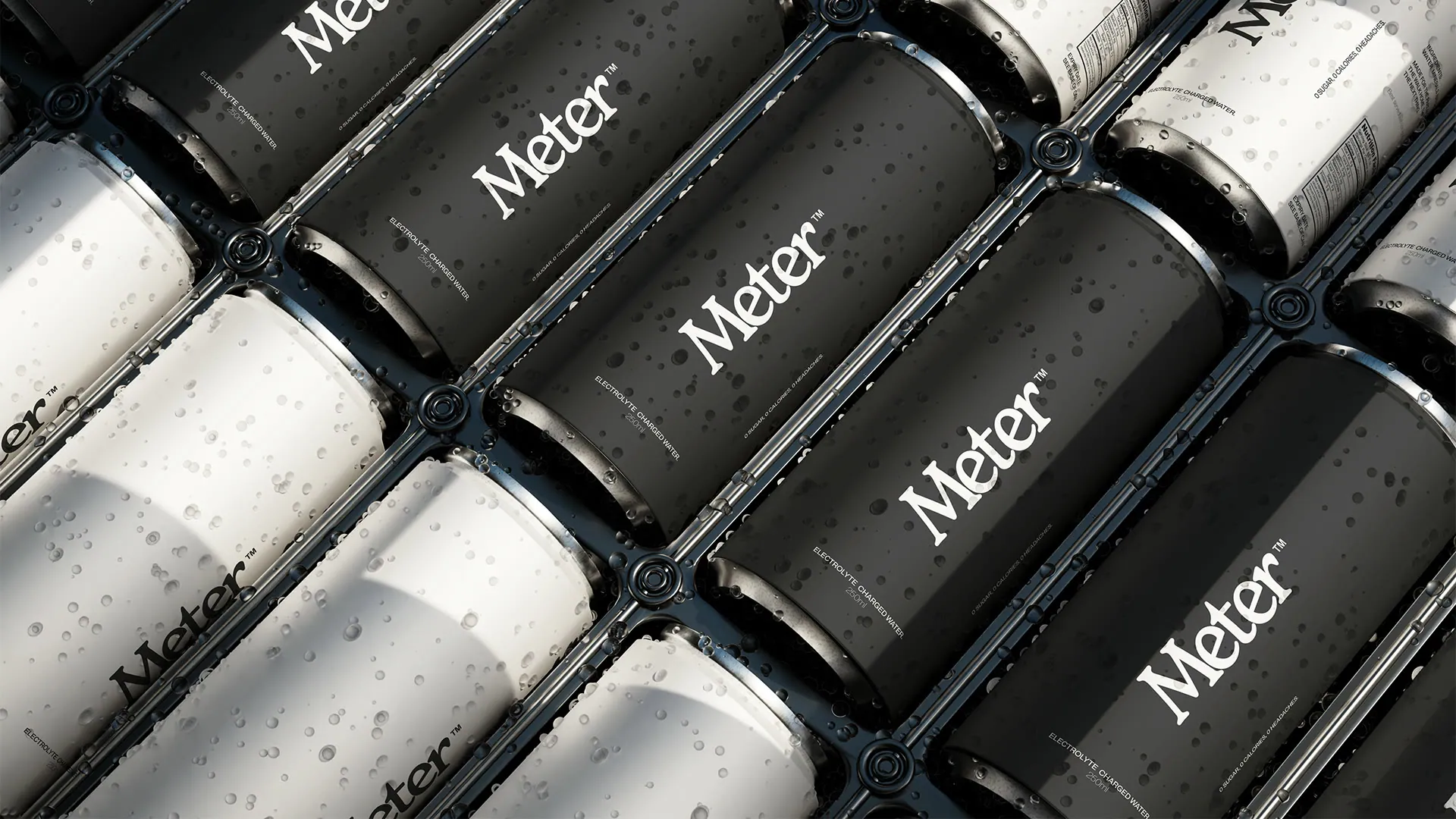 Rows of black and white Meter cans
