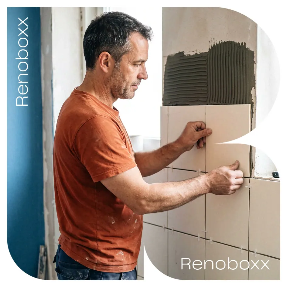 Craftsman laying tiles, framed by the Renoboxx R